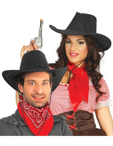 Cappello cowboy nero in cuoio per costumi western e travestimenti Far West