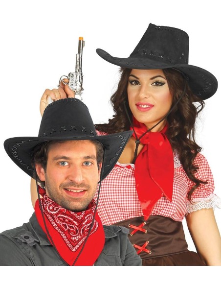 Cappello cowboy nero in cuoio per costumi western e travestimenti Far West