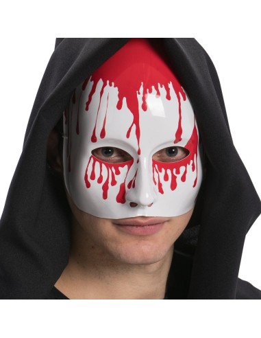 Maschera mezzo viso bianca con sangue rosso colante per costume Halloween horror spaventoso