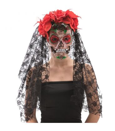 Maschera teschio in plastica trasparente decorazioni, rose e velo