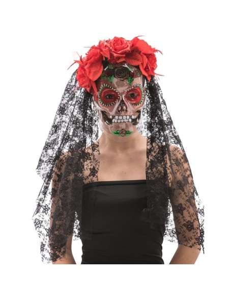 Maschera teschio Dia de los Muertos con decorazioni colorate rose rosse e velo nero Halloween