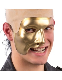 Maschera mezzo viso dorata Fantasma dell'Opera in plastica con elastico per feste in maschera