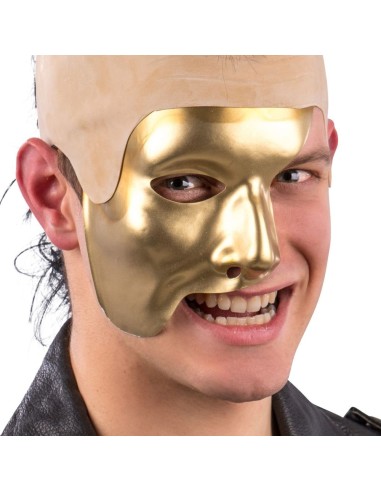 Maschera mezzo viso dorata Fantasma dell'Opera in plastica con elastico per feste in maschera
