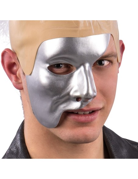 Maschera mezza faccia argento Fantasma dell'Opera in plastica metallizzata con elastico