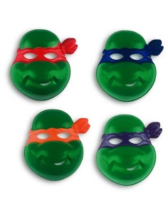 Quattro maschere Tartarughe Ninja in plastica verde con fasce colorate rossa, blu, arancione e viola
