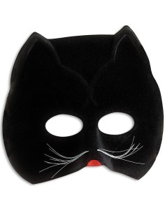 Maschera gatto nero scamosciata con orecchie appuntite e baffi bianchi per feste Halloween Carnevale