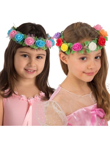 Coroncina con fiori multicolori indossata da bambine per costumi e feste a tema
