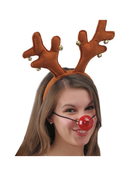 Cerchietto renna con corna marroni e naso rosso luminoso accessorio Natale