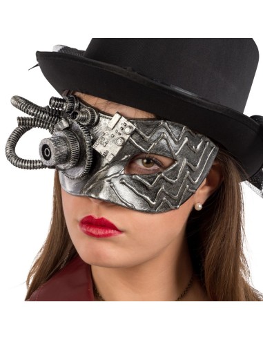 Maschera steampunk argento con ingranaggi e spirali metalliche per feste a tema