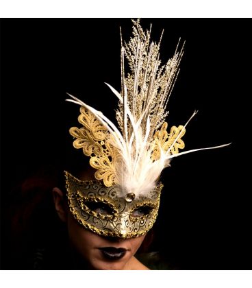 Maschera oro in tessuto paillettes,glitter e piume