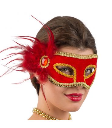 Maschera rossa in plastica rigida velluto, piume e gemma
