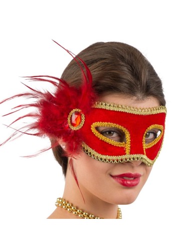 Maschera veneziana rossa in velluto con piume rosse e decorazioni dorate per Carnevale