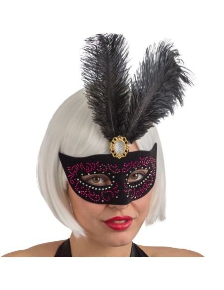 Maschera veneziana nera con velluto, decorazioni viola, gemma dorata e piume nere per Carnevale