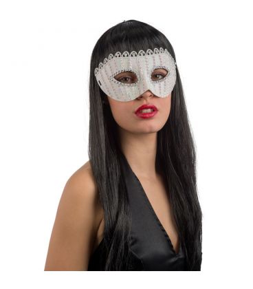 Maschera in plastica rigida bianca glitter, strass e perline
