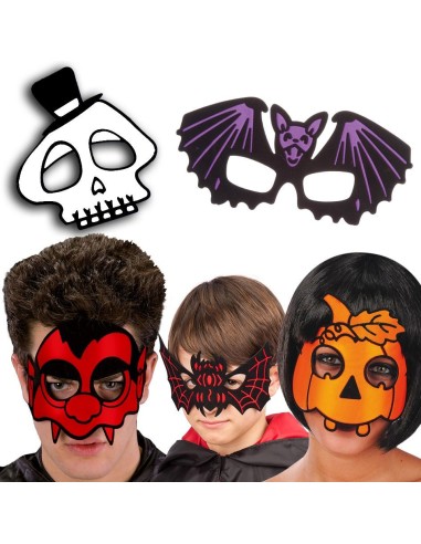 Set 5 maschere Halloween mezzo viso: teschio, pipistrello, demone rosso, ragno, zucca arancione