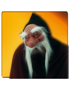 Maschera lattice mezzo viso vecchio con baffoni bianchi e cappuccio nero per costume carnevale