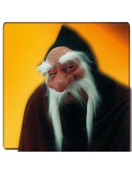 Maschera lattice mezzo viso vecchio con baffoni bianchi e cappuccio nero per costume carnevale