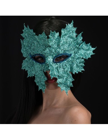 Maschera veneziana verde acqua glitter a forma di foglie decorative per Carnevale