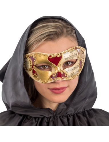 Maschera veneziana dorata con decorazioni rosse e dettagli ornamentali per Carnevale e feste eleganti