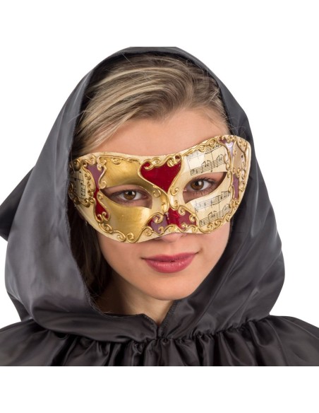 Maschera veneziana dorata con decorazioni rosse e dettagli ornamentali per Carnevale e feste eleganti