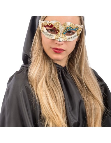 Maschera veneziana in plastica effetto cracle con decorazioni rosse e azzurre per feste in maschera