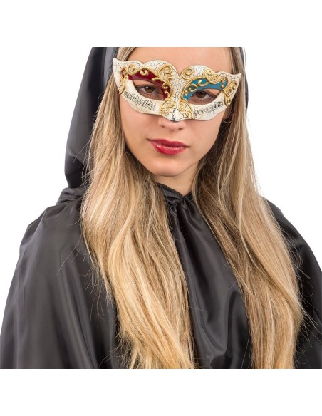 Maschera veneziana in plastica effetto cracle con decorazioni rosse e azzurre per feste in maschera