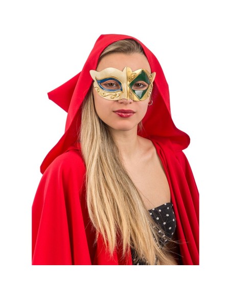 Maschera veneziana in plastica con decorazioni blu e verdi per Carnevale e feste in maschera