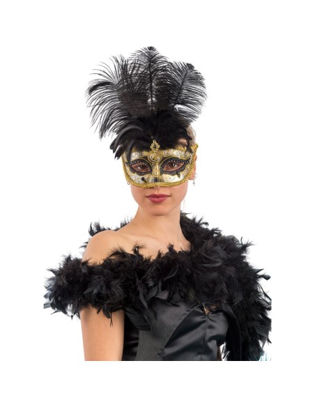 Maschera veneziana dorata con glitter e piume nere per Carnevale e feste in maschera eleganti