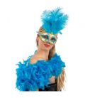 Maschera in plastica glitter azzurri e oro, gemma e piume