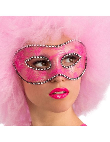 Maschera rosa decorata con pizzo e strass brillanti per feste in maschera e Carnevale