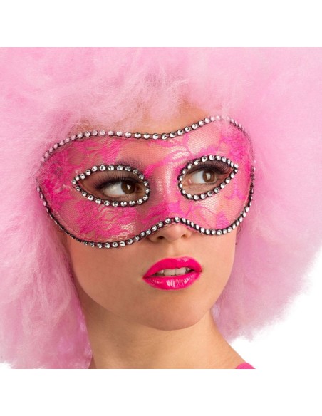 Maschera rosa decorata con pizzo e strass brillanti per feste in maschera e Carnevale