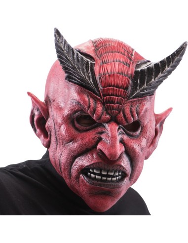 Maschera demonio rosso lattice con corna nere e denti aguzzi per Halloween horror costume spaventoso