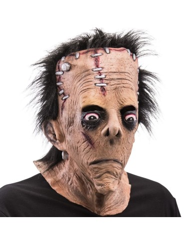 Maschera Frankenstein in lattice con capelli neri e cicatrici metalliche per travestimento Halloween horror
