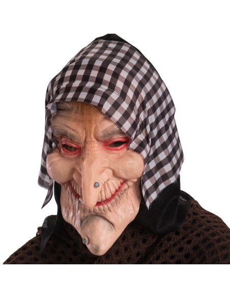 Maschera befana fingomma con cappuccio quadretti volto rugoso occhi rossi Halloween Epifania