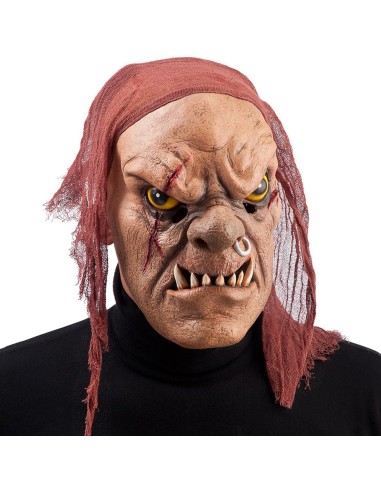 Maschera horror pirata in lattice con viso rugoso, denti aguzzi e capelli rossi per Halloween