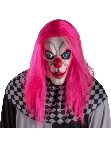Maschera clown horror lattice capelli fucsia naso rosso sorriso inquietante Halloween