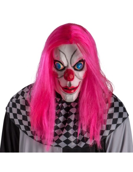 Maschera clown horror lattice capelli fucsia naso rosso sorriso inquietante Halloween