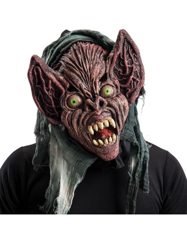 Maschera horror mostro alieno pipistrello in fingomma con cappuccio e zanne per Halloween