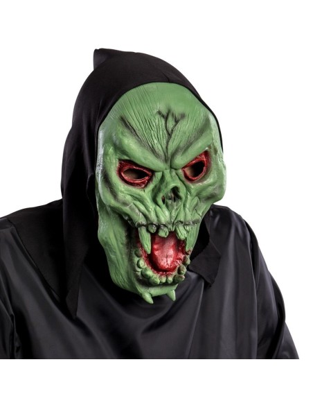 Maschera scheletro verde con cappuccio nero, occhi rossi e denti esposti per Halloween horror
