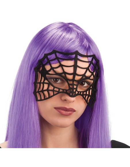 Maschera ragnatela nera in tessuto intagliato con motivo a rete di ragno per Halloween e feste in maschera