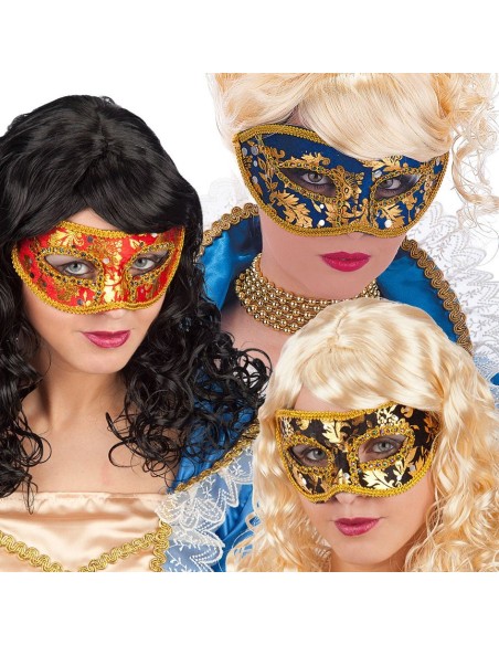 Maschere veneziane in plastica con decorazioni dorate per Carnevale e feste eleganti