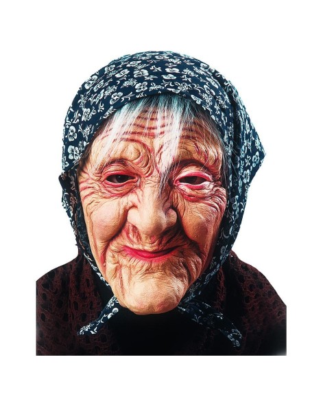 Maschera befana in lattice con fazzoletto blu e capelli grigi per travestimento Epifania Halloween