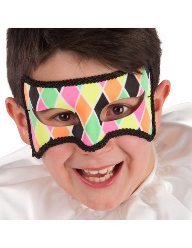 Maschera Arlecchino tessuto multicolore rombi rosa verde giallo bambino sorridente elastico