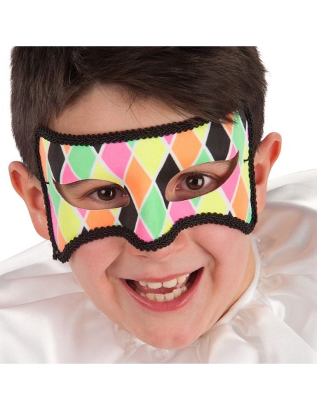 Maschera Arlecchino tessuto multicolore rombi rosa verde giallo bambino sorridente elastico