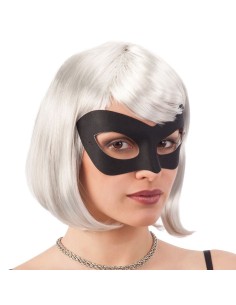 Maschera nera in tessuto con elastico indossata da donna con capelli bianchi per feste in maschera