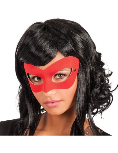 Maschera rossa in tessuto con elastico indossata da donna per feste in maschera e Carnevale