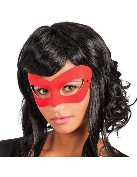 Maschera rossa in tessuto con elastico indossata da donna per feste in maschera e Carnevale