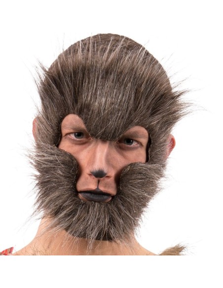 Maschera uomo lupo grigio in pelo sintetico con muso realistico per costume Halloween horror