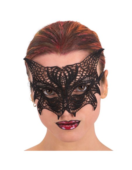 Maschera gatto nero in tessuto macramè traforato con motivi eleganti per Carnevale