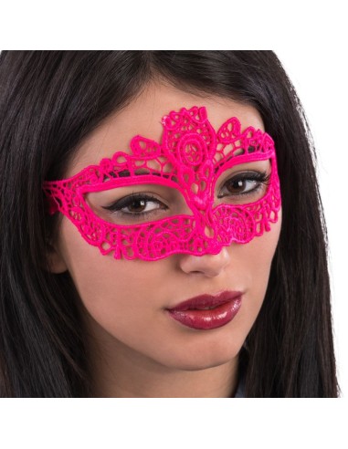 Maschera veneziana rosa fluo in macramè con decorazioni ricamate e motivi floreali per Carnevale